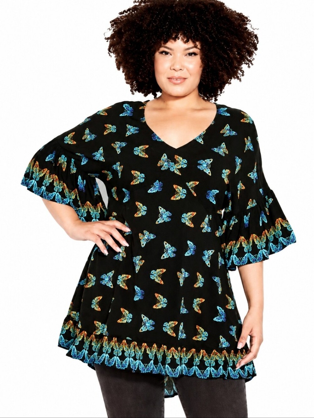 Evans Butterfly Print Tunic Top | Size 22/24 | Flowy V-Neck Bell Sleeve Blouse